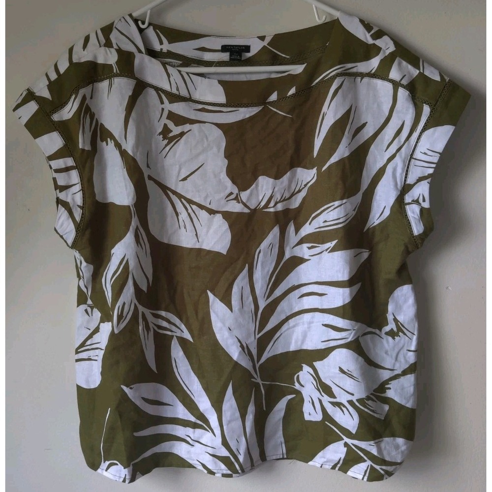 Ann Taylor Petite Palm Linen Blend Boatneck Green/White Shirt Sleeve Size XLP